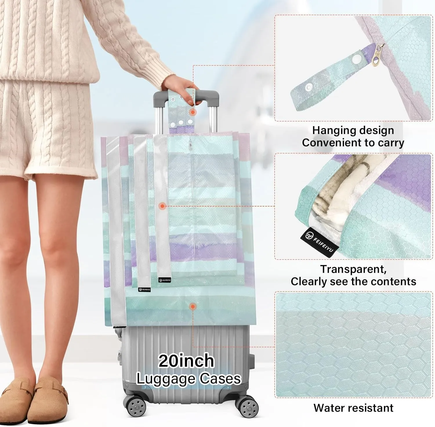 Garment Bag Closet Storage, Luggage Space Saver, Watercolor Stripes, Waterproof, 3 Set Travel Packing Cubes For Suitcases, Luggages Management Personnel