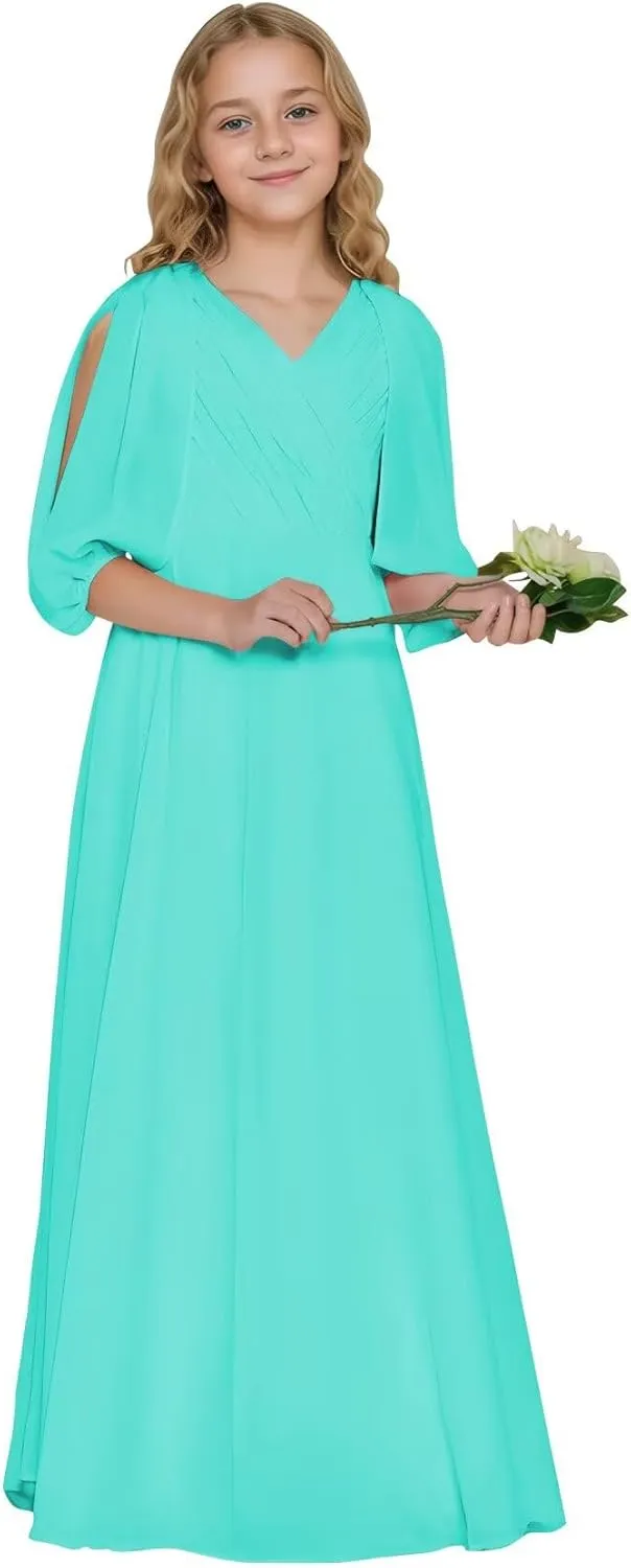 Girls V Neck Junior Bridesmaid Dress for Wedding Chiffon Flower Girl Wedding Party Dresses for Teen