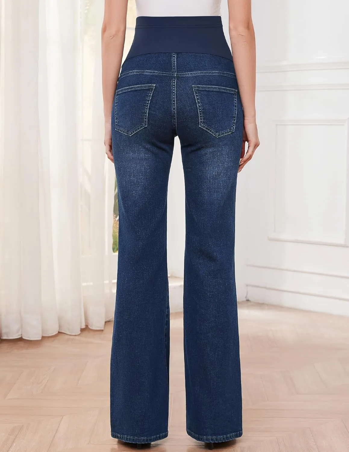GLAMIX Women's Stretch Maternity Bootcut Jeans with Pockets Over The Belly Bell Bottoms Flare Denim Pants Pregnancy Clothes