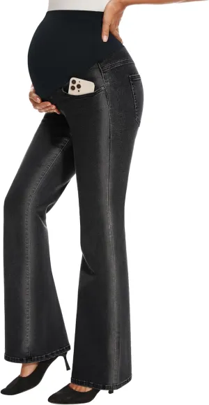 GLAMIX Women's Stretch Maternity Bootcut Jeans with Pockets Over The Belly Bell Bottoms Flare Denim Pants Pregnancy Clothes