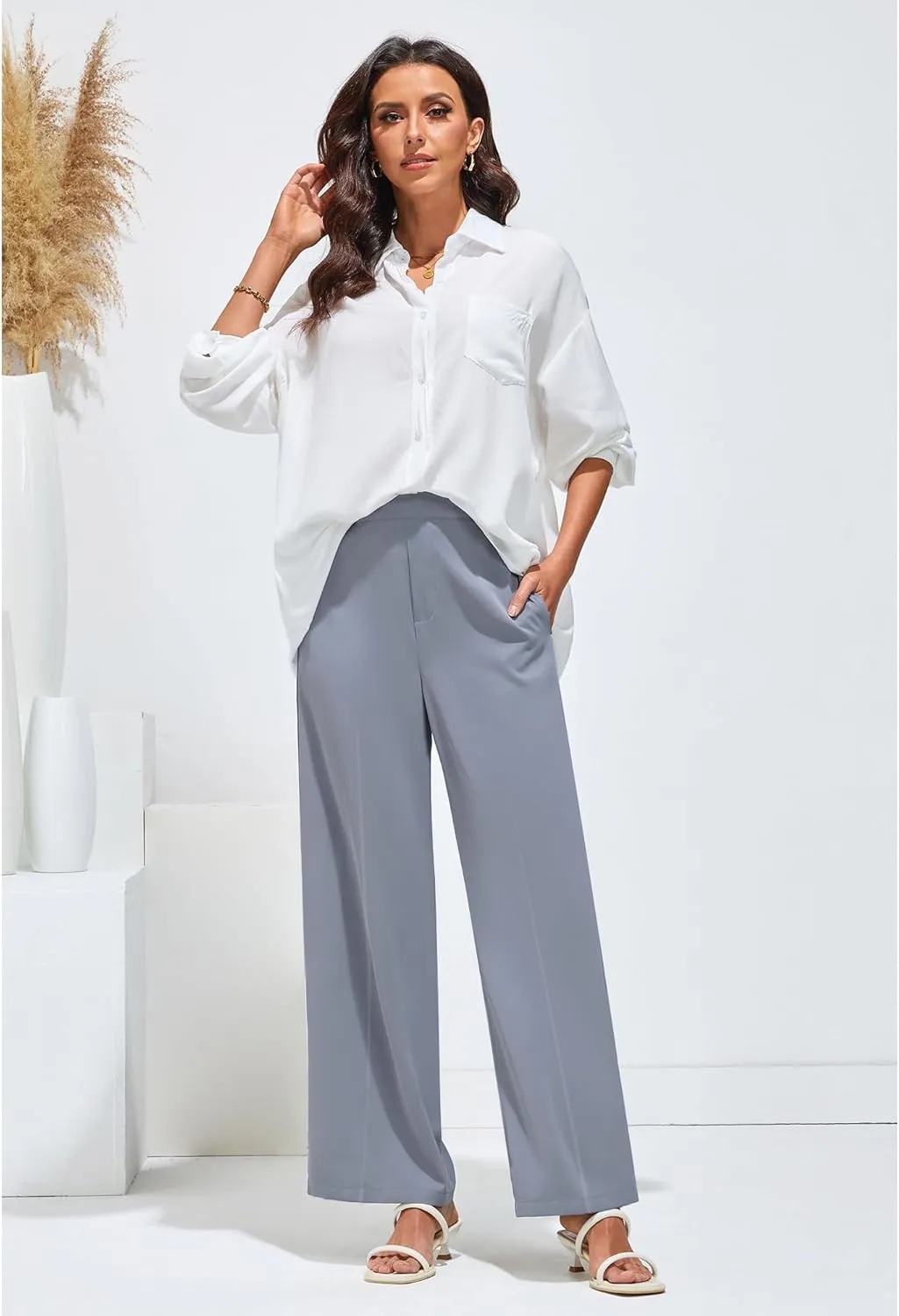 GRAPENT Wide Leg Dress Pants Women High Waisted Pull On Business Casual Work Pants Elastic Waist Dressy Trousers Pockets