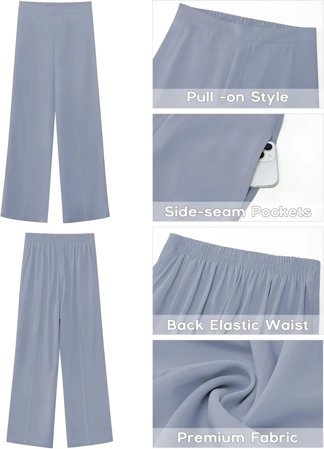GRAPENT Wide Leg Dress Pants Women High Waisted Pull On Business Casual Work Pants Elastic Waist Dressy Trousers Pockets