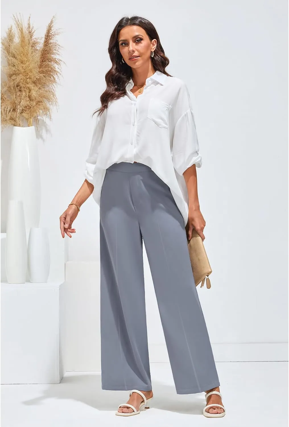 GRAPENT Wide Leg Dress Pants Women High Waisted Pull On Business Casual Work Pants Elastic Waist Dressy Trousers Pockets