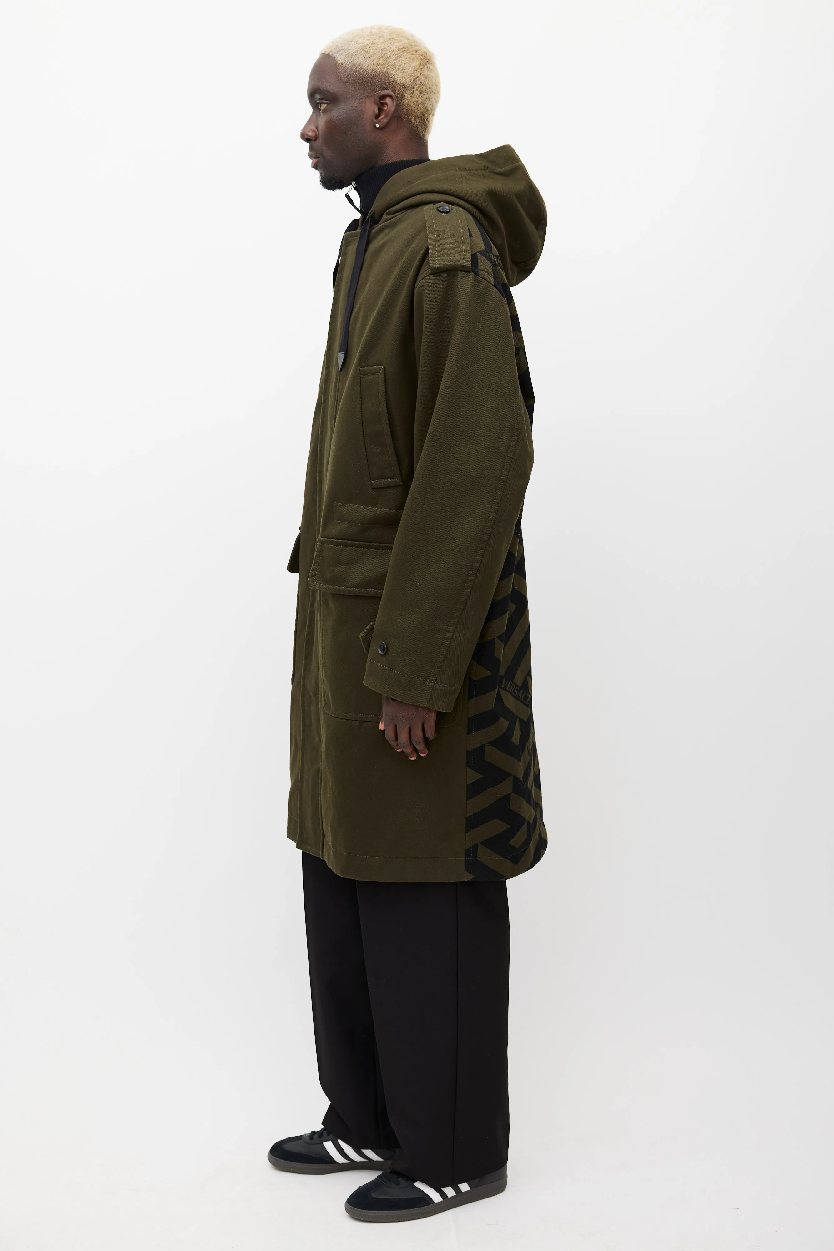 Green & Black Hooded Monogram Coat