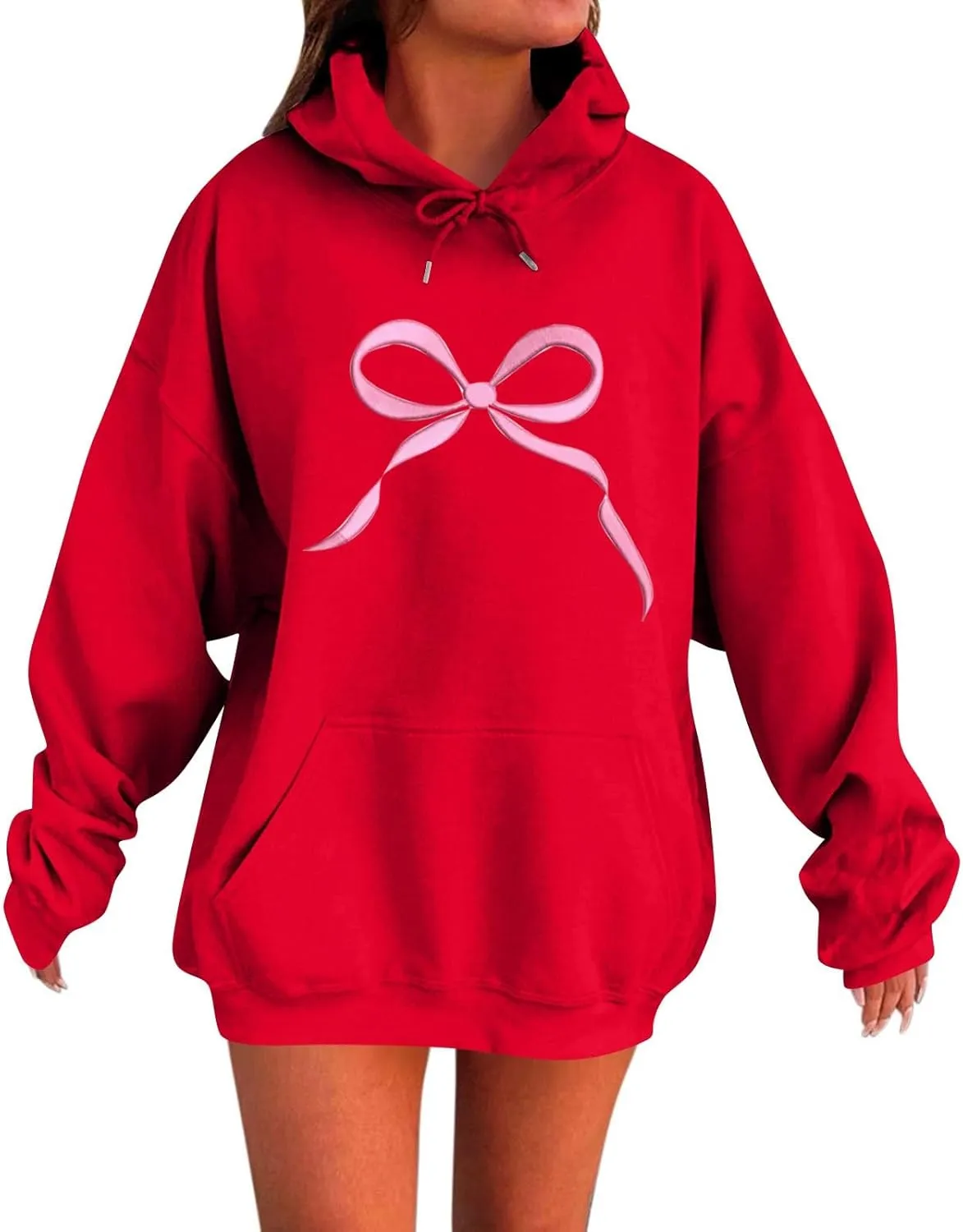 Gumipy Oversized Hoodies for Women Fleece Lined Bow Graphic Hoodies Sweatshirts Y2K Drawstring Long Sleeve Hoodies Pullover