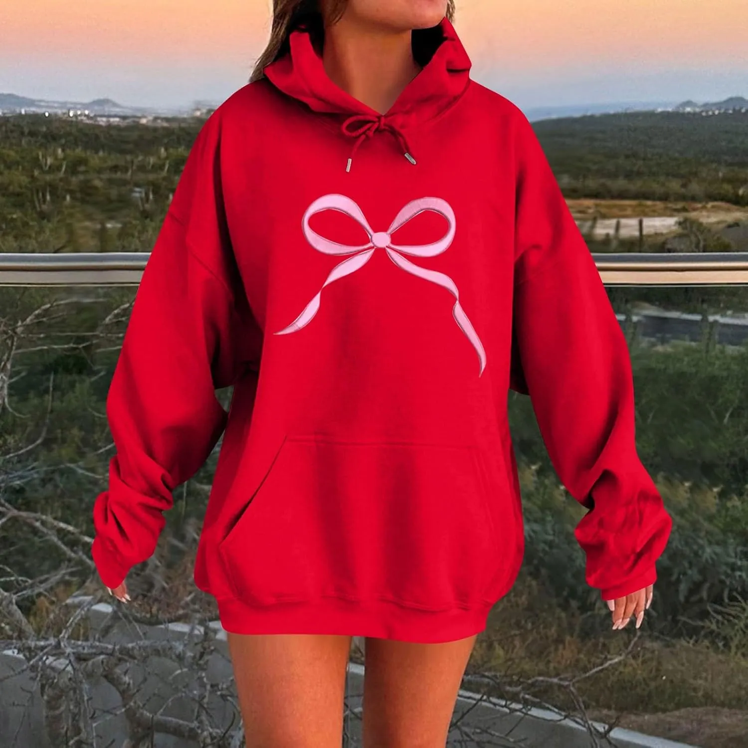 Gumipy Oversized Hoodies for Women Fleece Lined Bow Graphic Hoodies Sweatshirts Y2K Drawstring Long Sleeve Hoodies Pullover
