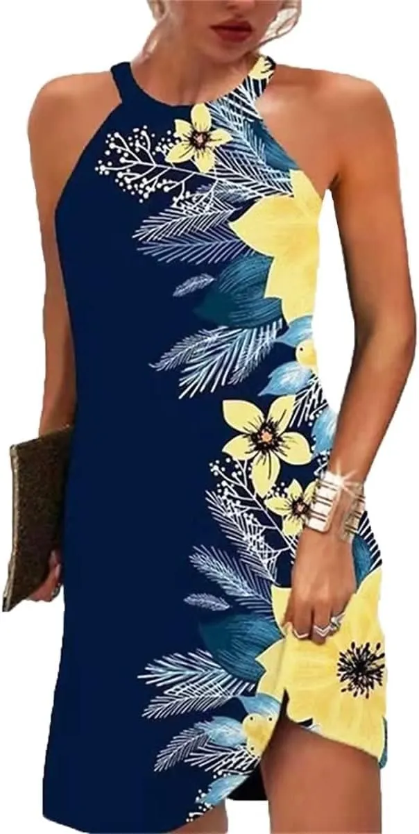 Halter Dresses for Women 2025 Casual Floral Print Summer Dresses Hollow Out A-line Sundresses for Beach Vacation Size 2XL Blue Yellow Flowers