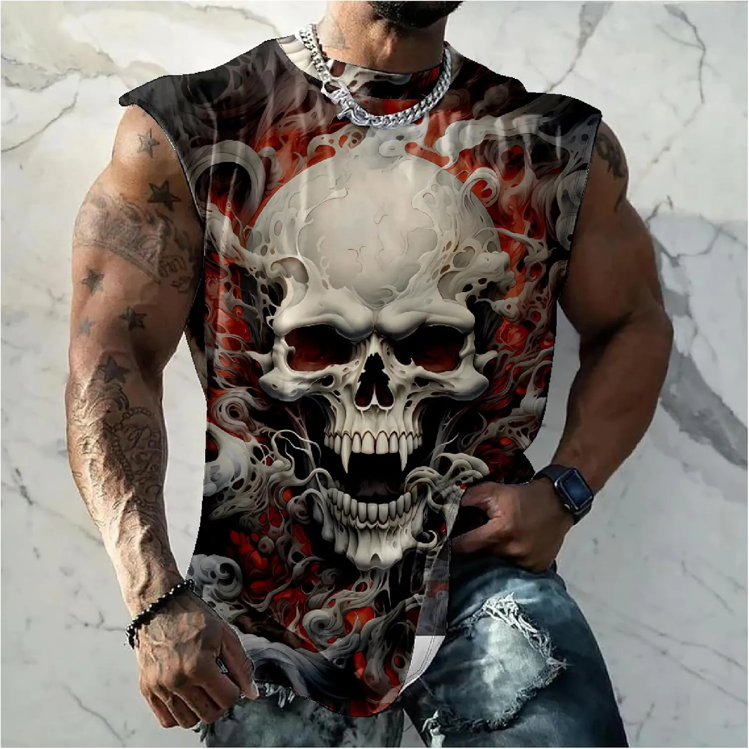 HOTYD Men's Graphic Tank Tops Novelty Skull 3D Printed Muscle Casual Sleeveless T-Shirt Summer Quick Dry Crew Neck Tees