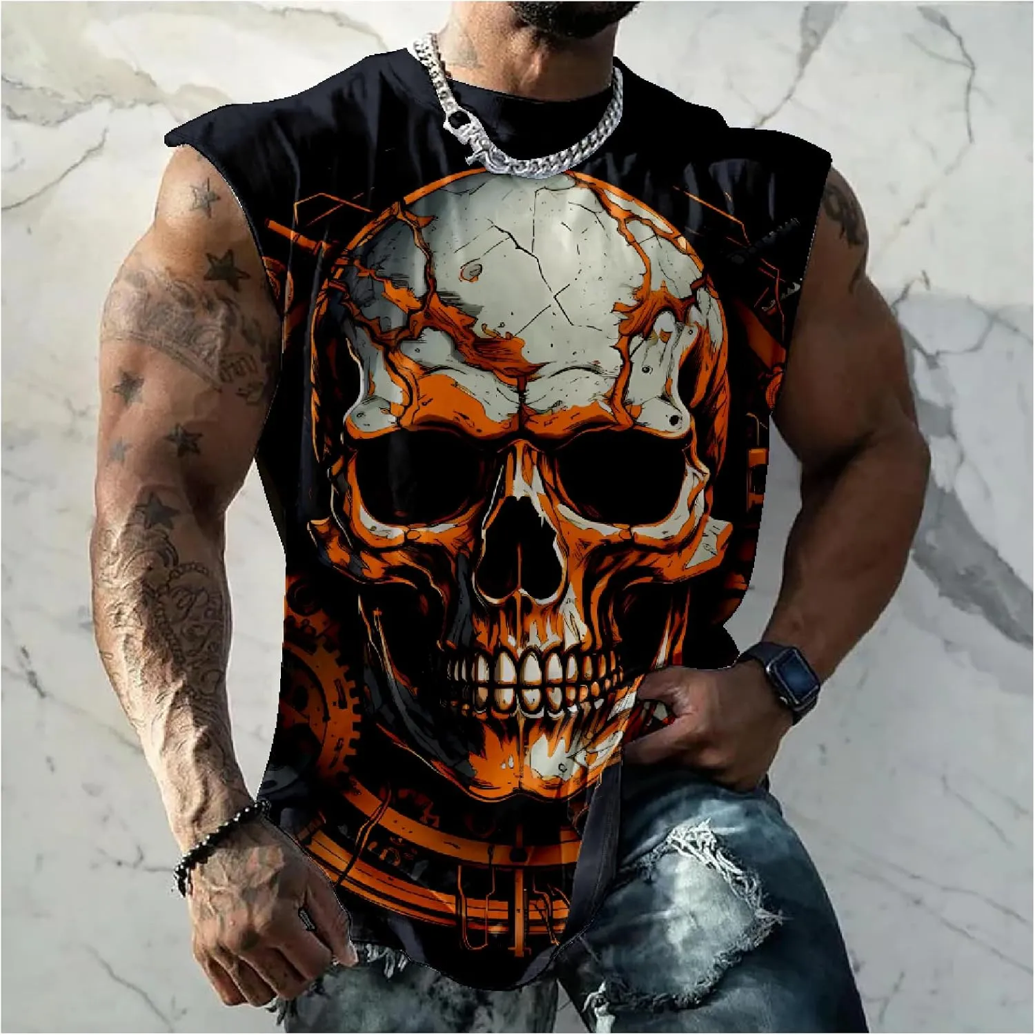 HOTYD Men's Graphic Tank Tops Novelty Skull 3D Printed Muscle Casual Sleeveless T-Shirt Summer Quick Dry Crew Neck Tees