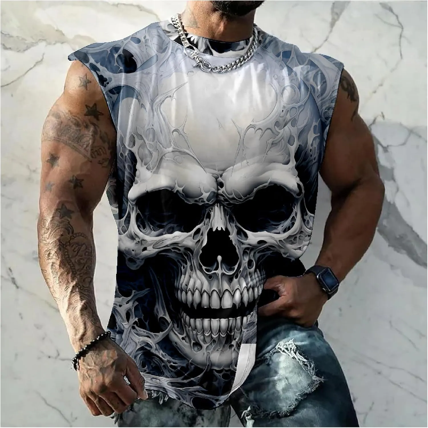 HOTYD Men's Graphic Tank Tops Novelty Skull 3D Printed Muscle Casual Sleeveless T-Shirt Summer Quick Dry Crew Neck Tees