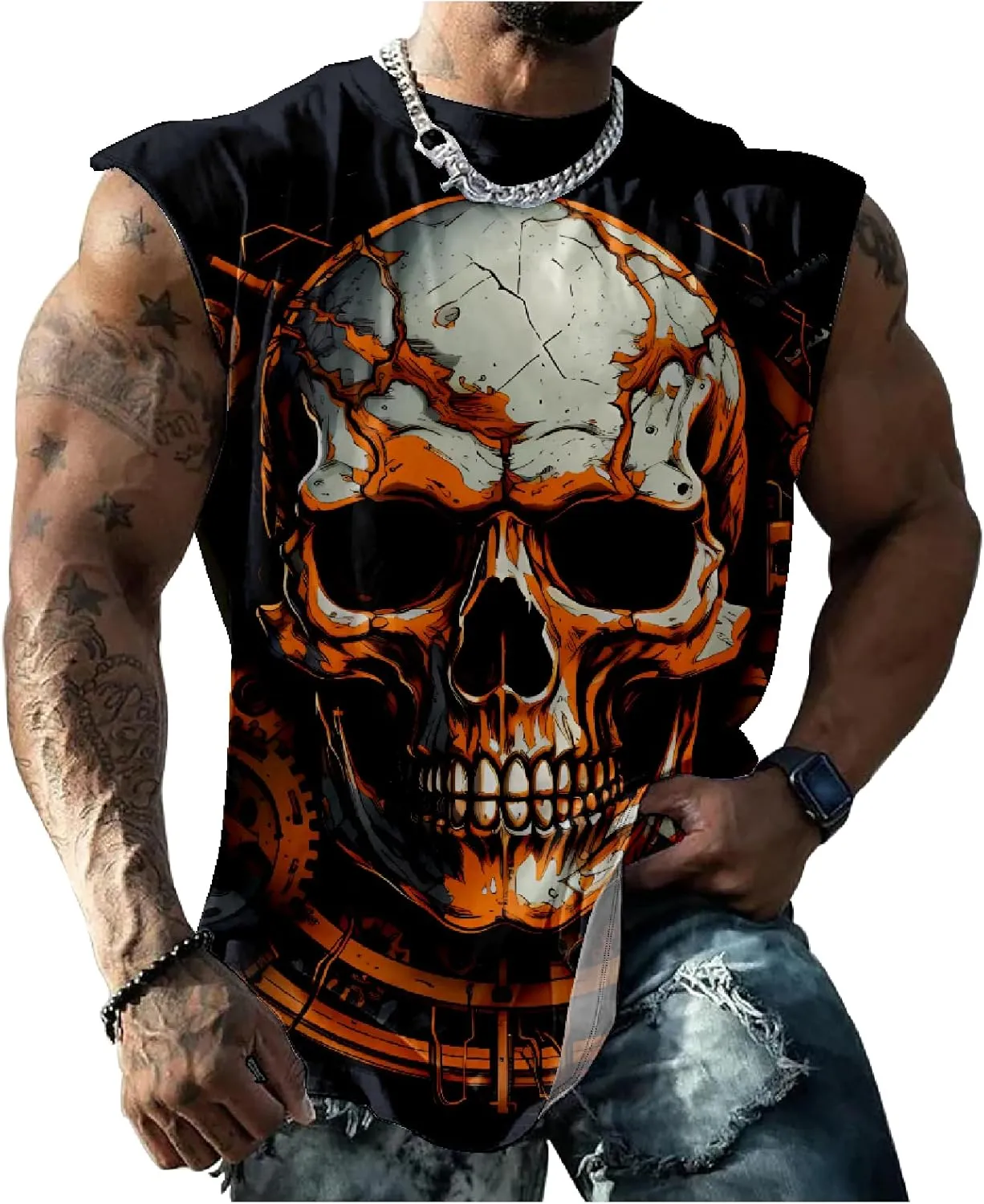 HOTYD Men's Graphic Tank Tops Novelty Skull 3D Printed Muscle Casual Sleeveless T-Shirt Summer Quick Dry Crew Neck Tees