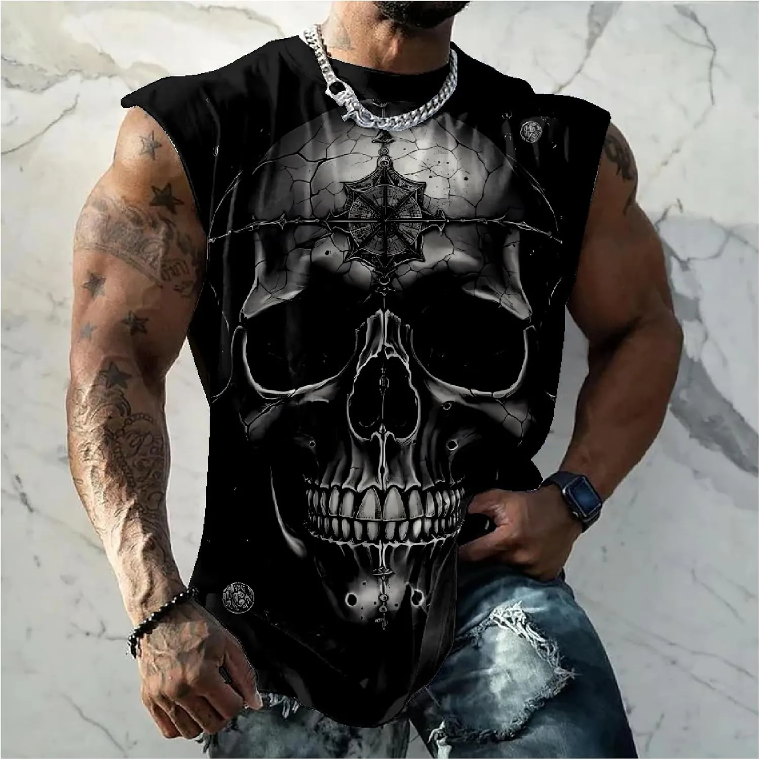 HOTYD Men's Graphic Tank Tops Novelty Skull 3D Printed Muscle Casual Sleeveless T-Shirt Summer Quick Dry Crew Neck Tees