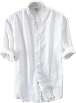 Icegrey Summer Linen Shirts Men Short Sleeve V-Neck T Shirt