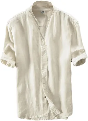 Icegrey Summer Linen Shirts Men Short Sleeve V-Neck T Shirt