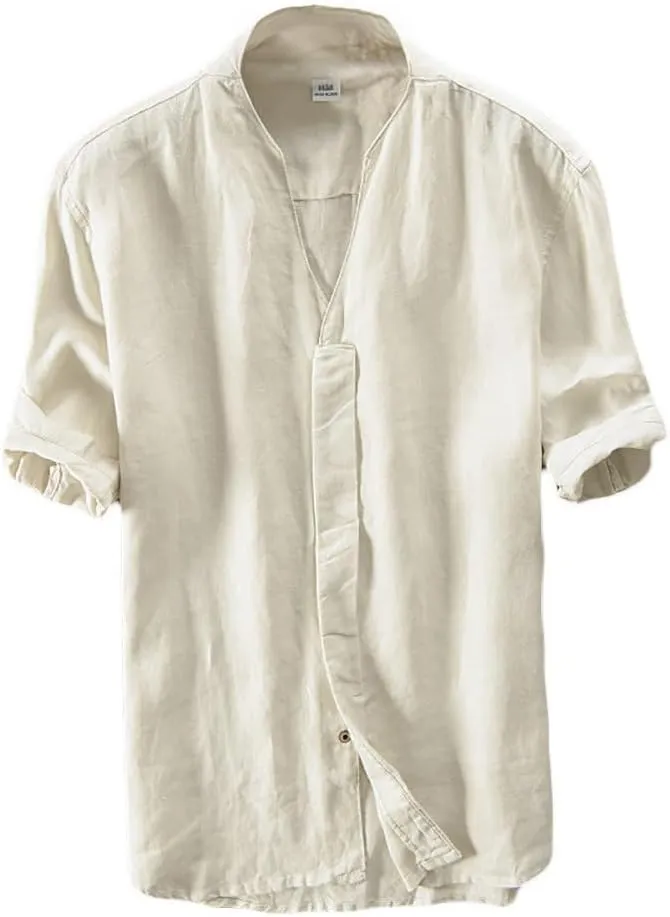 Icegrey Summer Linen Shirts Men Short Sleeve V-Neck T Shirt
