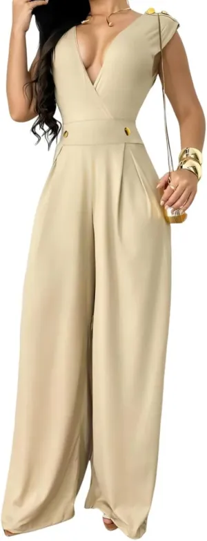Jumpsuits for Women Sexy Wrap V Neck Sleeveless Rompers Dressy High Waist Full Length One Piece Outfits