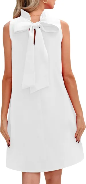 Kedera Women's Summer Casual Mini Dress Ruffle Mock Neck Sleeveless Loose Dress Swing Solid Shift Dress with Bow