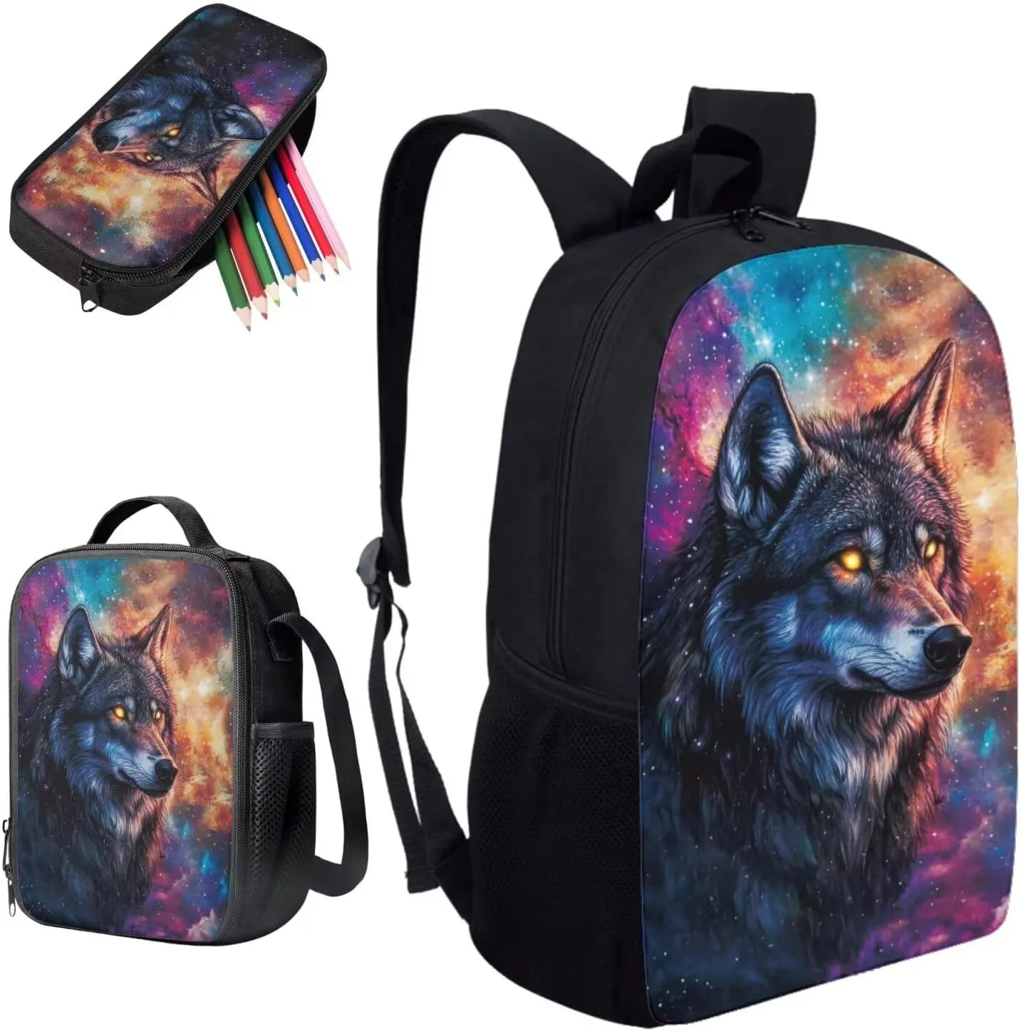 KEIAHUAN Galaxy Wolf Backpack for Tees Boys with Lunch Box and Pencil Bag, Cool Backpack for Preschool Elementary Kindergarten, Large Capacity, 17 Inch