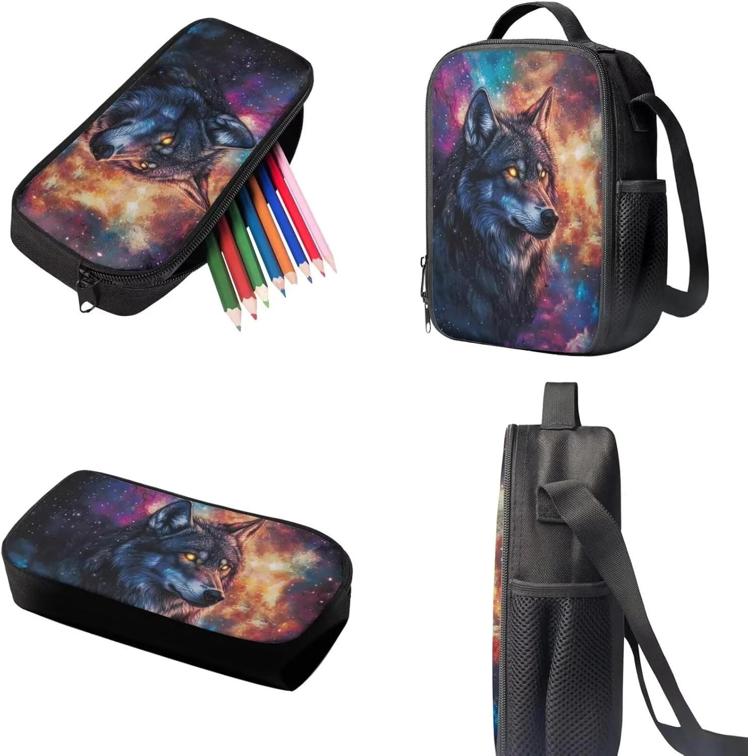 KEIAHUAN Galaxy Wolf Backpack for Tees Boys with Lunch Box and Pencil Bag, Cool Backpack for Preschool Elementary Kindergarten, Large Capacity, 17 Inch