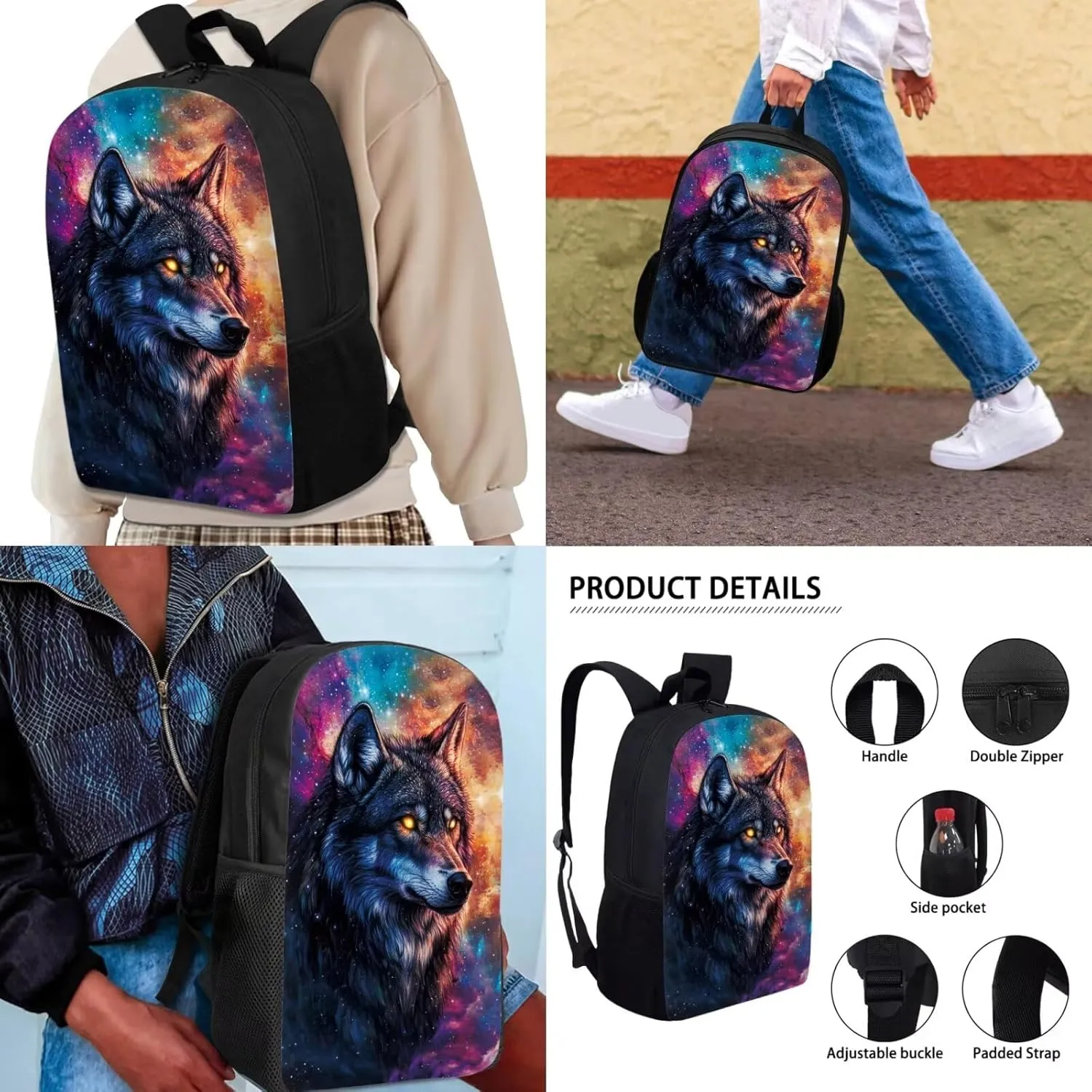 KEIAHUAN Galaxy Wolf Backpack for Tees Boys with Lunch Box and Pencil Bag, Cool Backpack for Preschool Elementary Kindergarten, Large Capacity, 17 Inch