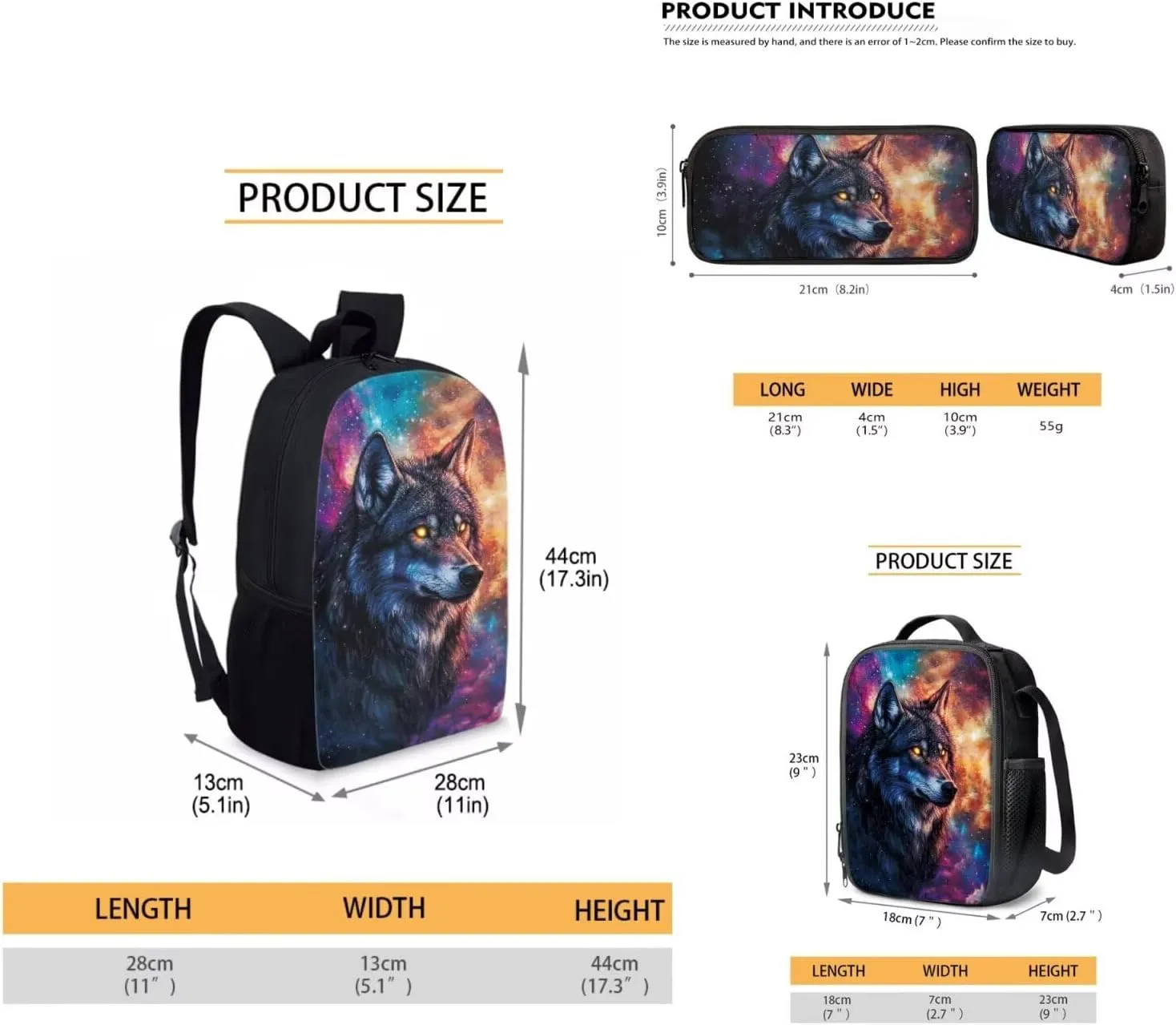 KEIAHUAN Galaxy Wolf Backpack for Tees Boys with Lunch Box and Pencil Bag, Cool Backpack for Preschool Elementary Kindergarten, Large Capacity, 17 Inch