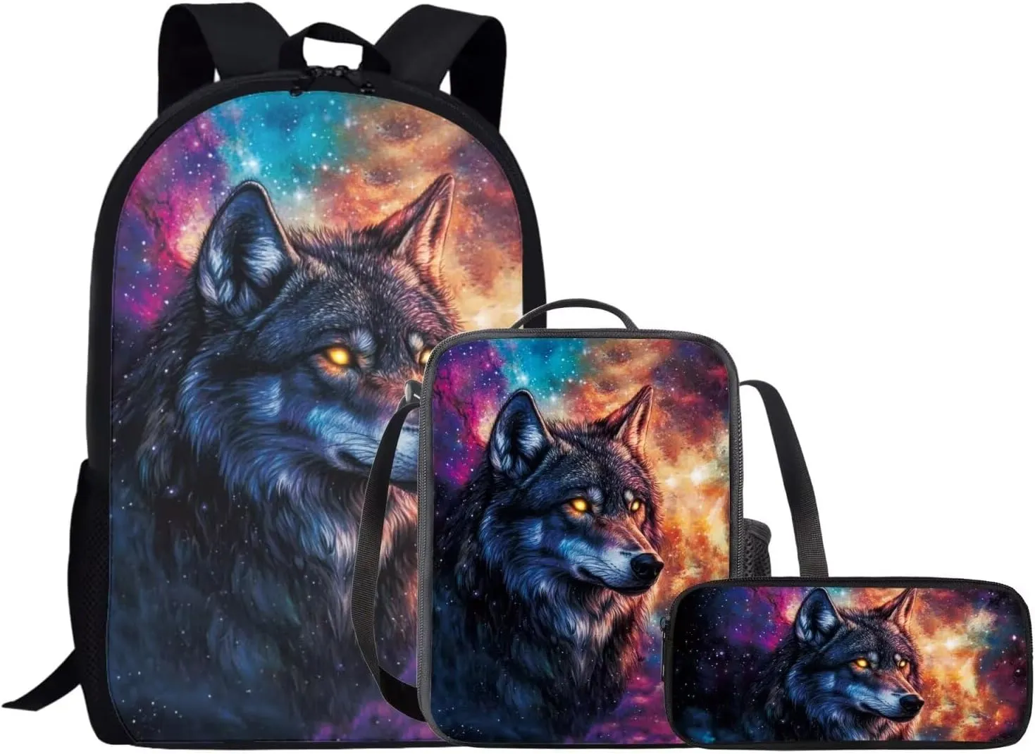 KEIAHUAN Galaxy Wolf Backpack for Tees Boys with Lunch Box and Pencil Bag, Cool Backpack for Preschool Elementary Kindergarten, Large Capacity, 17 Inch