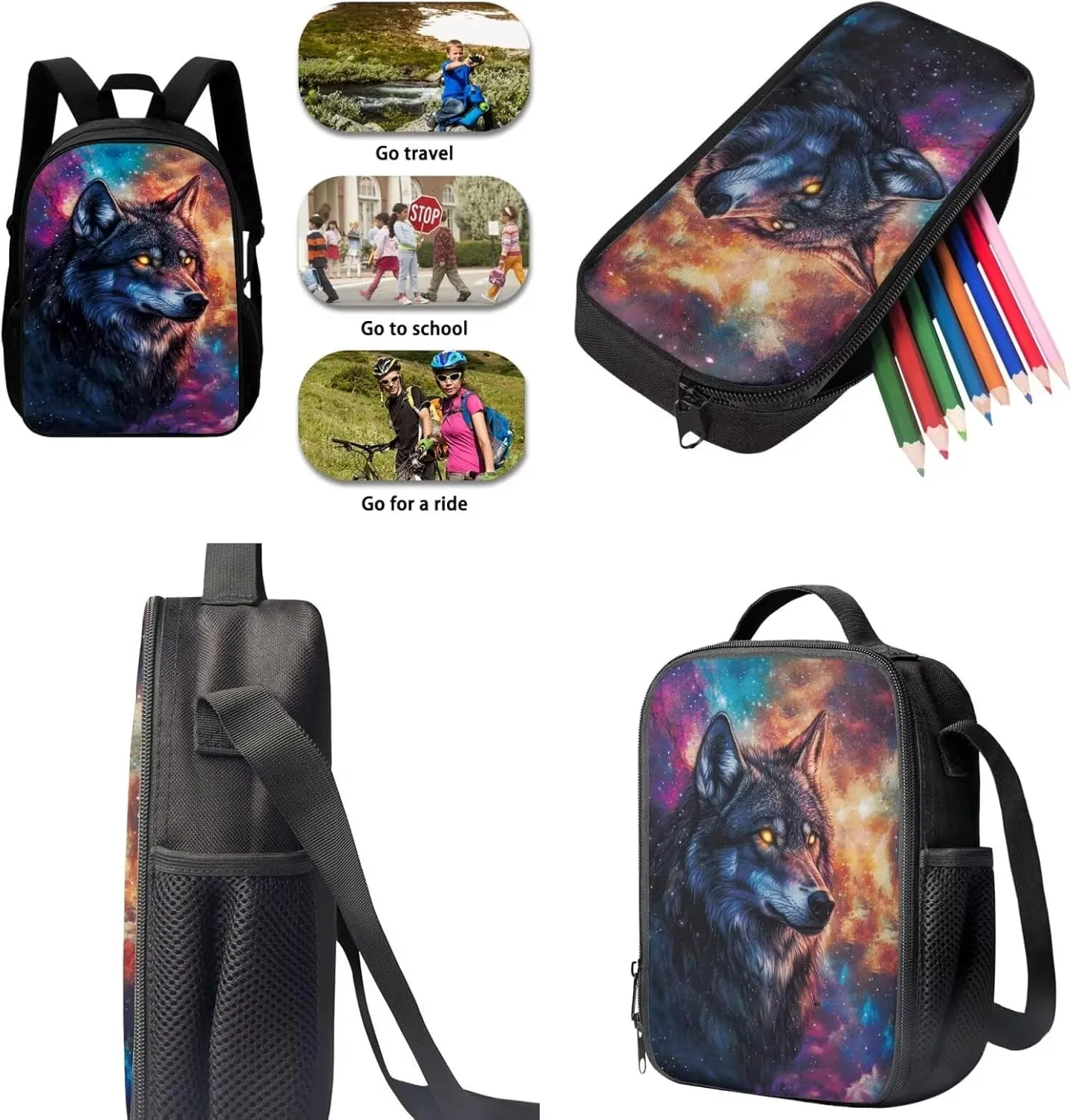 KEIAHUAN Galaxy Wolf Backpack for Tees Boys with Lunch Box and Pencil Bag, Cool Backpack for Preschool Elementary Kindergarten, Large Capacity, 17 Inch