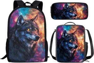 KEIAHUAN Galaxy Wolf Backpack for Tees Boys with Lunch Box and Pencil Bag, Cool Backpack for Preschool Elementary Kindergarten, Large Capacity, 17 Inch