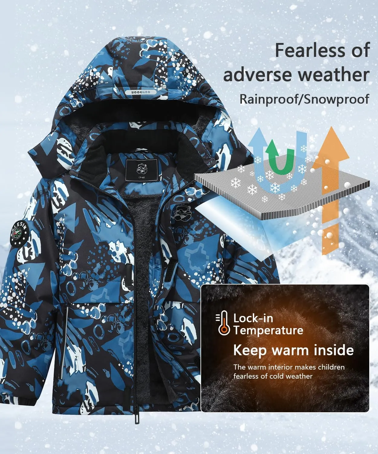 Kid's Waterproof Ski Jacket Warm Winter Coat Boys Snowboarding Jackets Outdoor