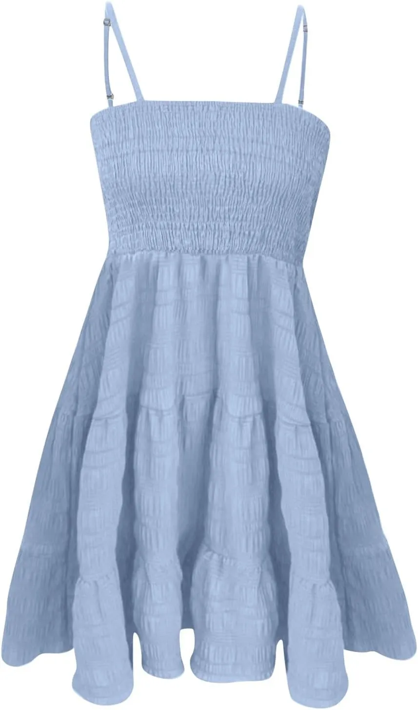 KIKX0DE Women's Sundress Summer Cami Ruffle Mini Dress Sleeveless Spaghetti Strap Swing A Line Short Casual Cute Tank Dresses