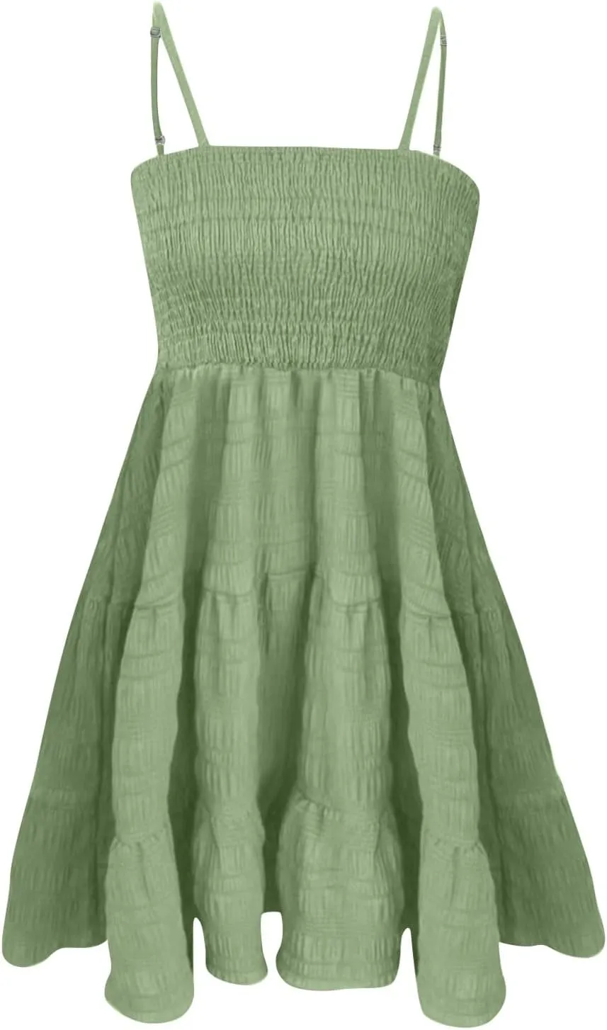 KIKX0DE Women's Sundress Summer Cami Ruffle Mini Dress Sleeveless Spaghetti Strap Swing A Line Short Casual Cute Tank Dresses