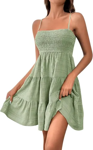 KIKX0DE Women's Sundress Summer Cami Ruffle Mini Dress Sleeveless Spaghetti Strap Swing A Line Short Casual Cute Tank Dresses