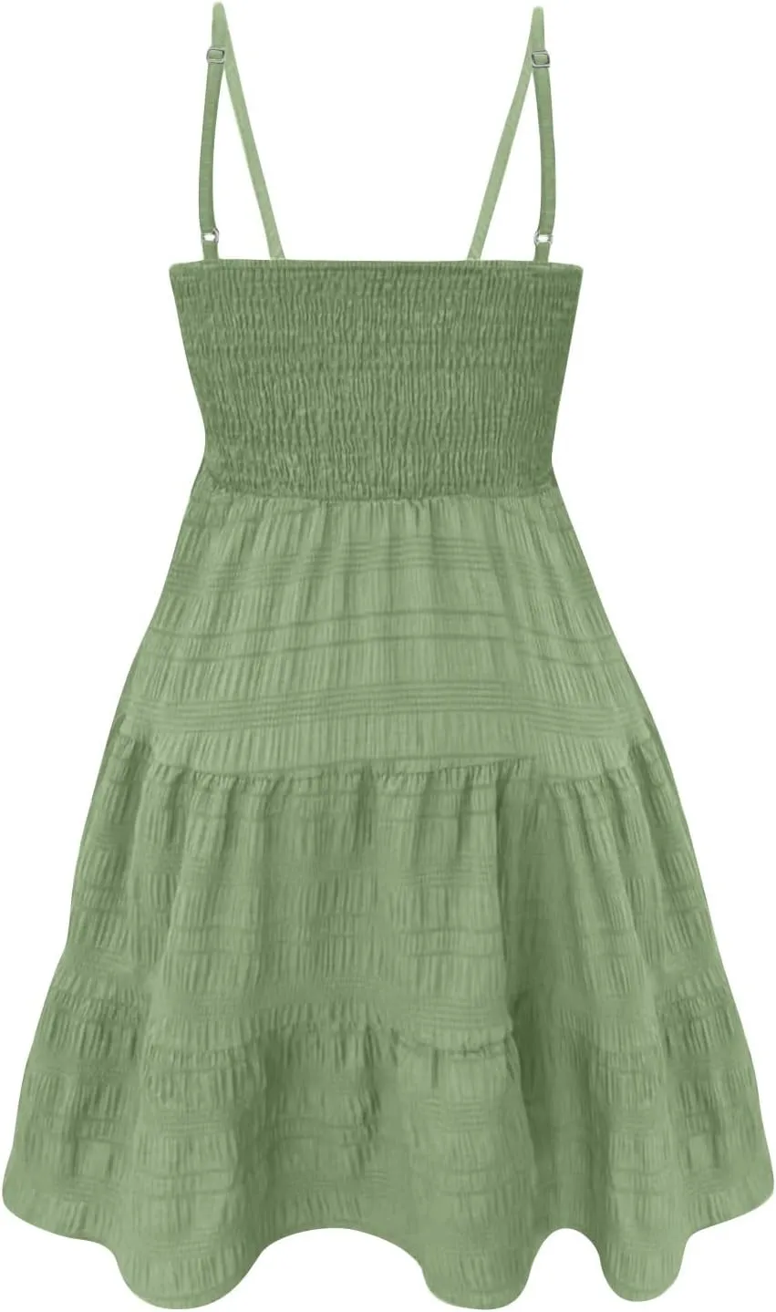 KIKX0DE Women's Sundress Summer Cami Ruffle Mini Dress Sleeveless Spaghetti Strap Swing A Line Short Casual Cute Tank Dresses