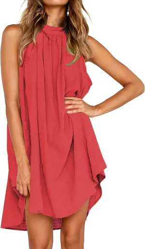 KIRUNDO Women's 2025 Summer Halter Neck Sleeveless Mini Dress Loose Tank Top Pleated Flowy Short Beach Sundresses