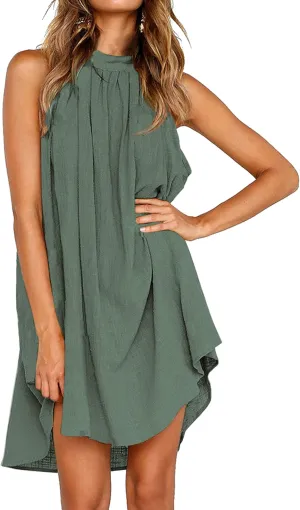 KIRUNDO Women's 2025 Summer Halter Neck Sleeveless Mini Dress Loose Tank Top Pleated Flowy Short Beach Sundresses