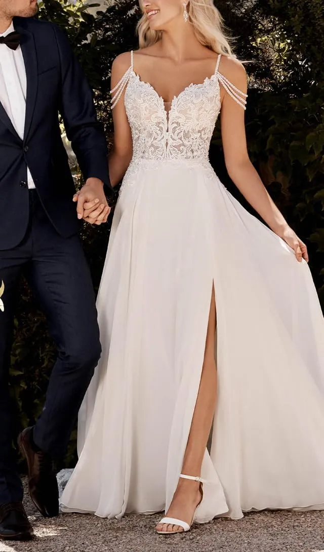 Lace Applique Wedding Dress for Bride Open Back Satin Long Bridal Gown with Train P077