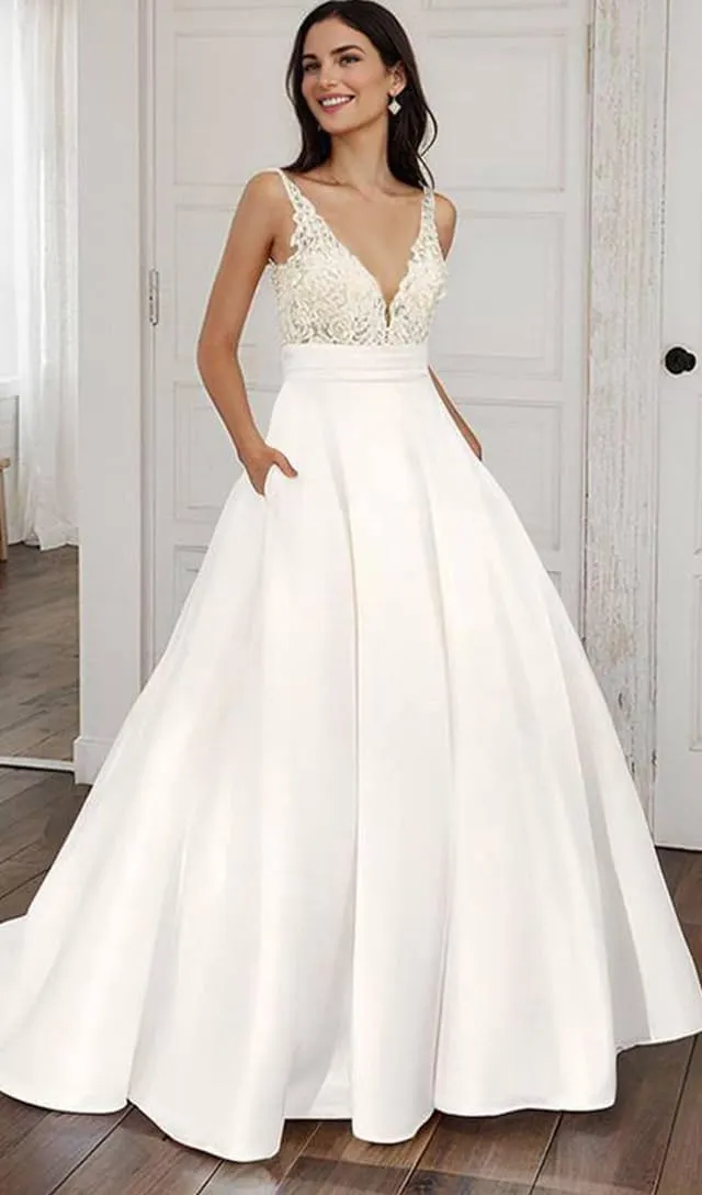 Lace Applique Wedding Dress for Bride Open Back Satin Long Bridal Gown with Train P077