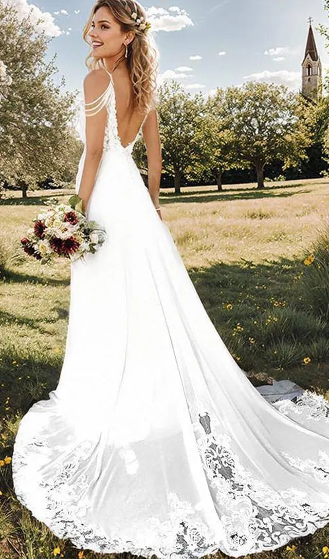 Lace Applique Wedding Dress for Bride Open Back Satin Long Bridal Gown with Train P077