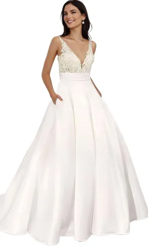 Lace Applique Wedding Dress for Bride Open Back Satin Long Bridal Gown with Train P077