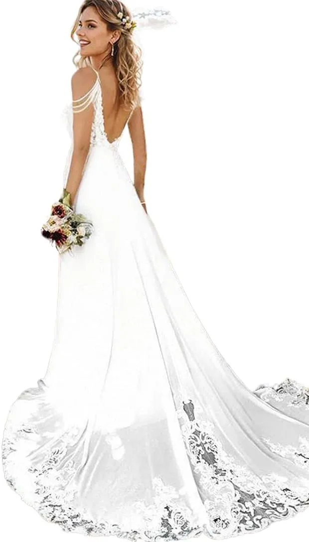 Lace Applique Wedding Dress for Bride Open Back Satin Long Bridal Gown with Train P077