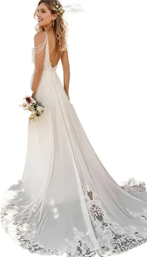 Lace Applique Wedding Dress for Bride Open Back Satin Long Bridal Gown with Train P077