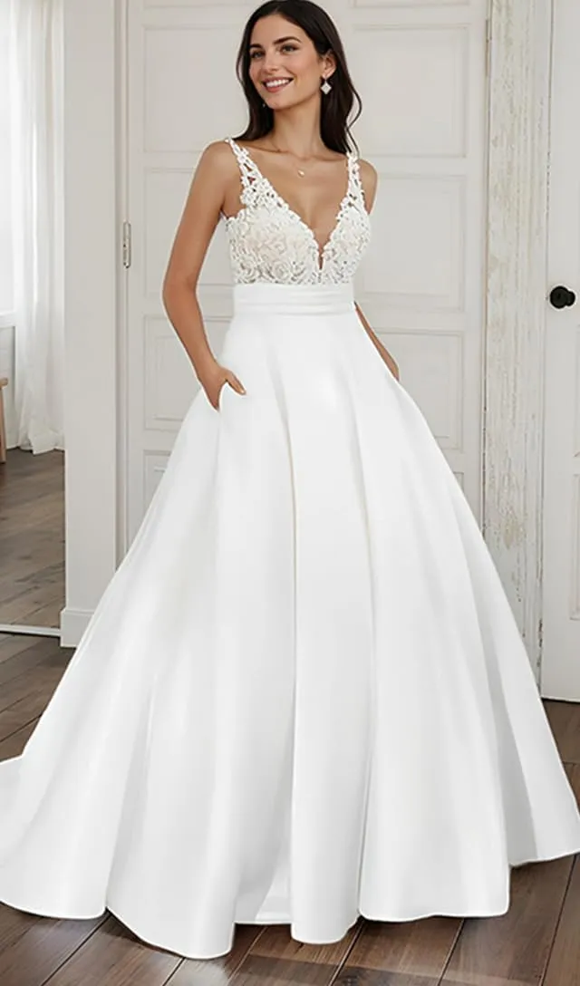 Lace Applique Wedding Dress for Bride Open Back Satin Long Bridal Gown with Train P077