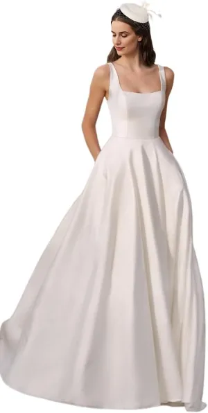 Lace Applique Wedding Dress for Bride Open Back Satin Long Bridal Gown with Train P077