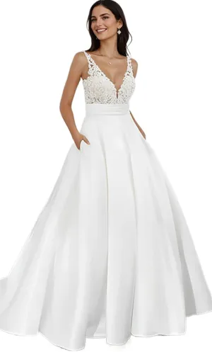 Lace Applique Wedding Dress for Bride Open Back Satin Long Bridal Gown with Train P077