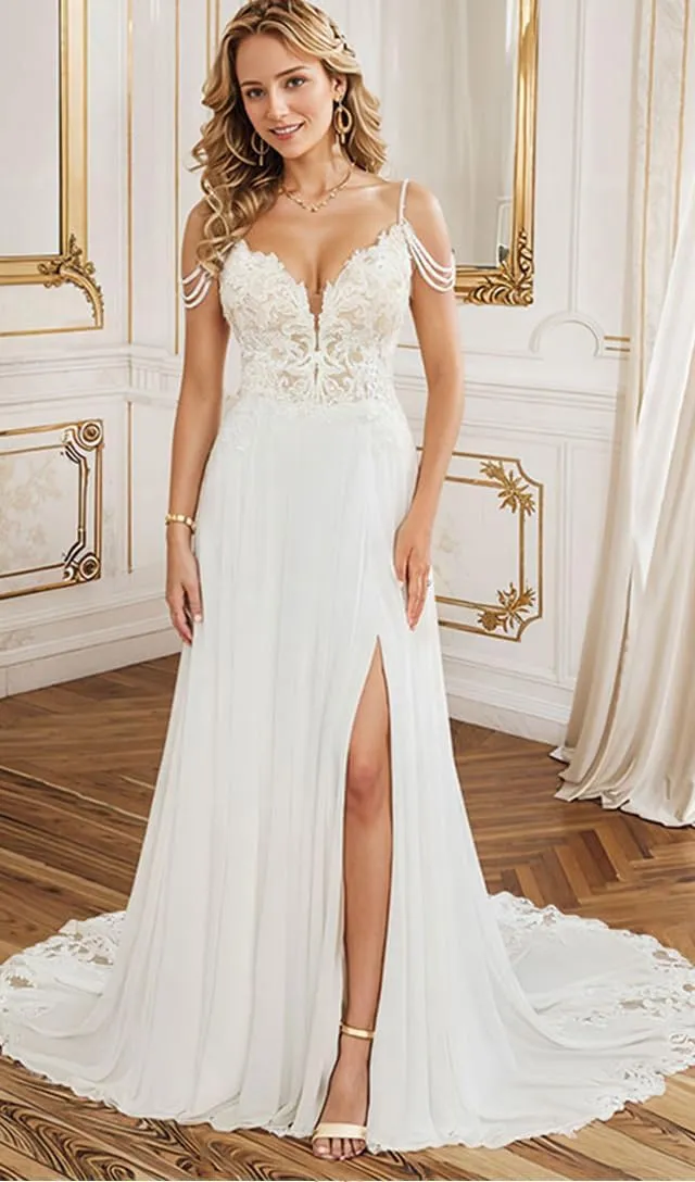 Lace Applique Wedding Dress for Bride Open Back Satin Long Bridal Gown with Train P077