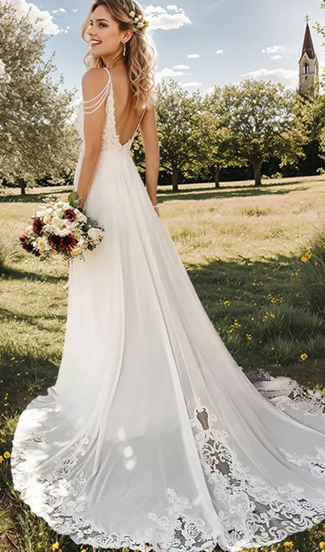 Lace Applique Wedding Dress for Bride Open Back Satin Long Bridal Gown with Train P077