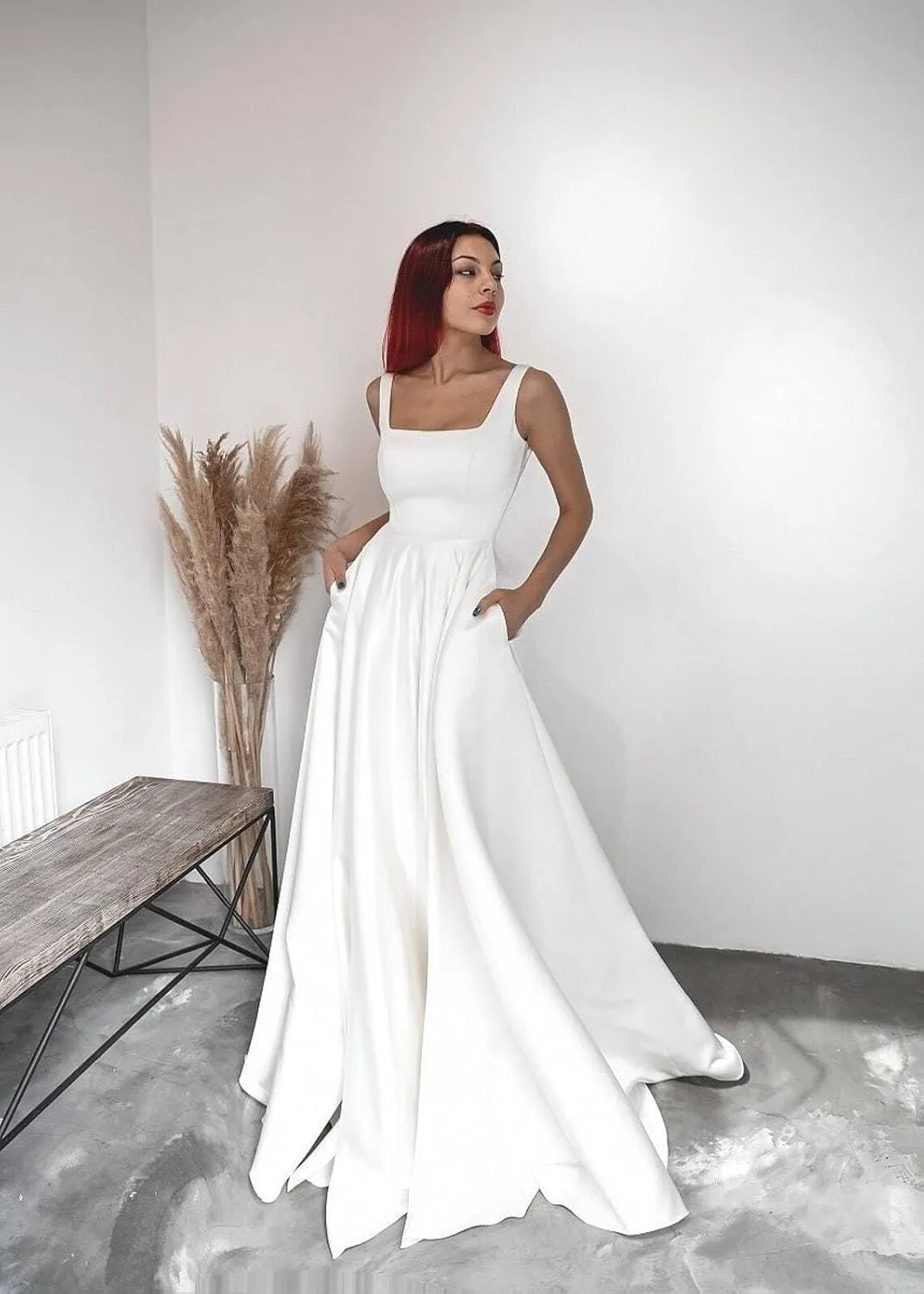 Lace Applique Wedding Dress for Bride Open Back Satin Long Bridal Gown with Train P077