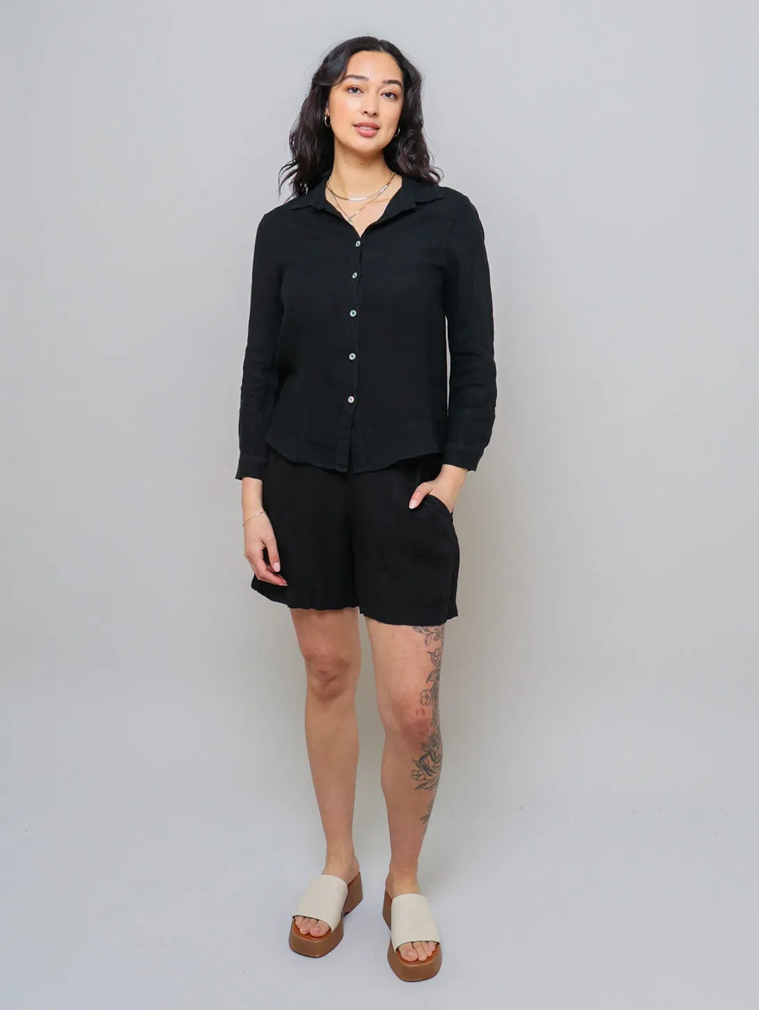 Long Sleeve Linen Shirt - Black