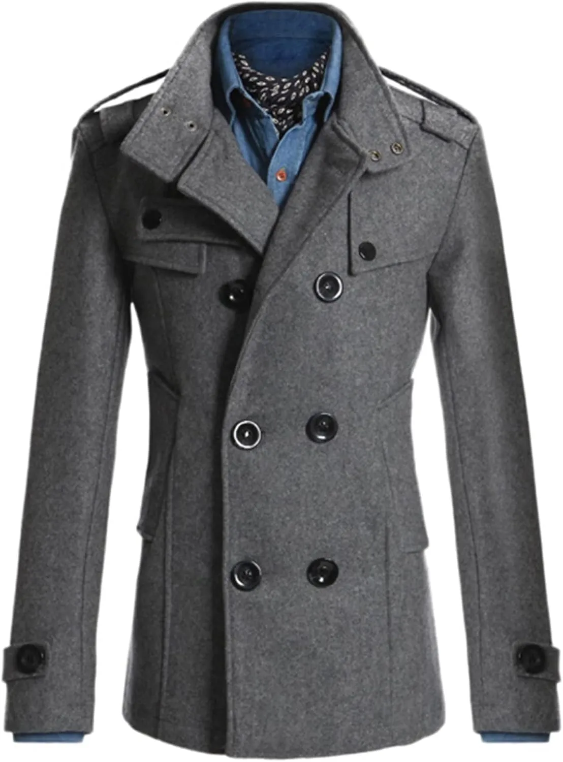 Maiyifu-GJ Men Double Breasted Wool Blend Pea Coat Winter Mid Long Windbreaker Overcoat Slim Fit Warm Trench Coat Outerwear