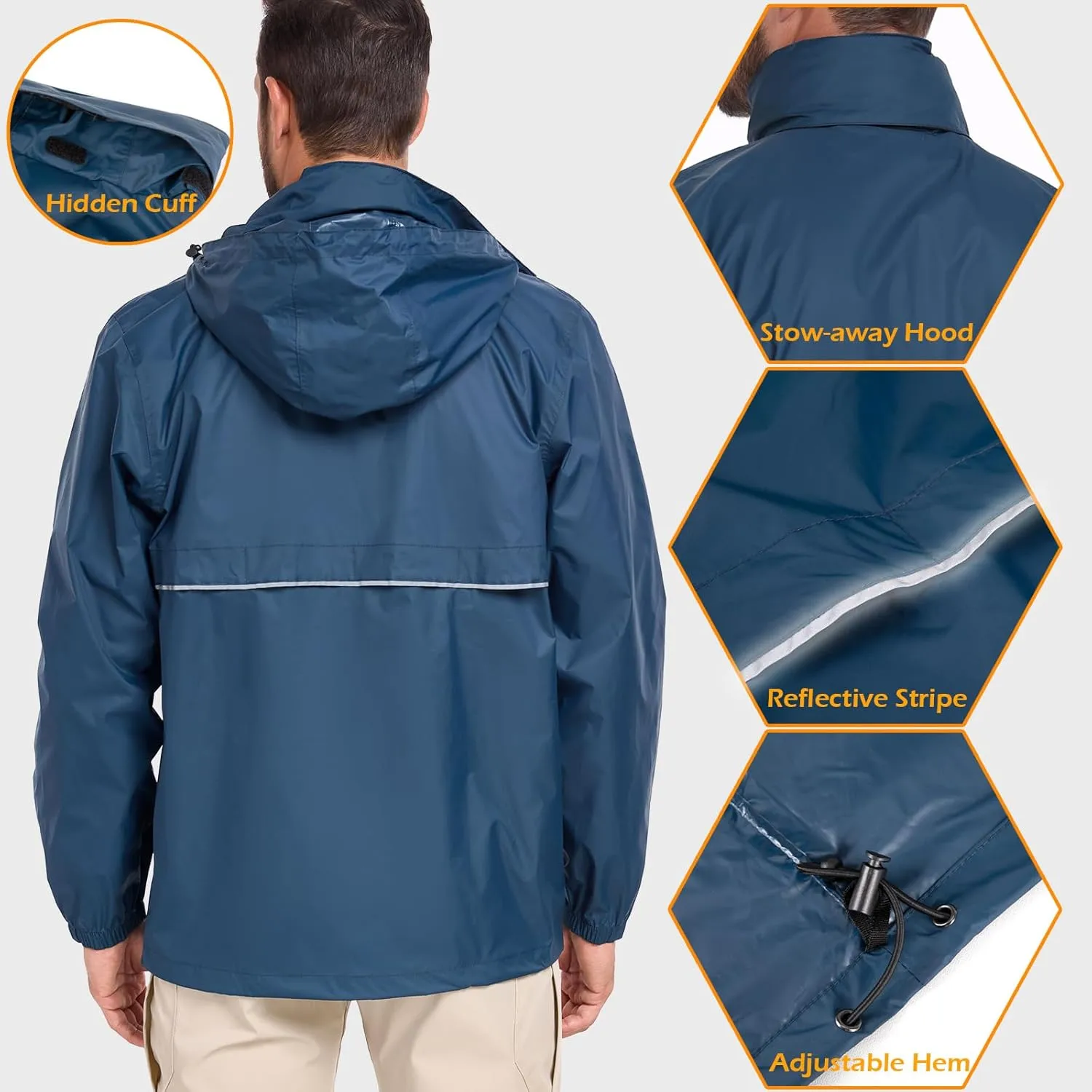 MANSDOUR Men's Packable Rain Jacket Waterproof Lightweight Windbreaker Cycling Golf Hiking Reflective Raincoat with Hood